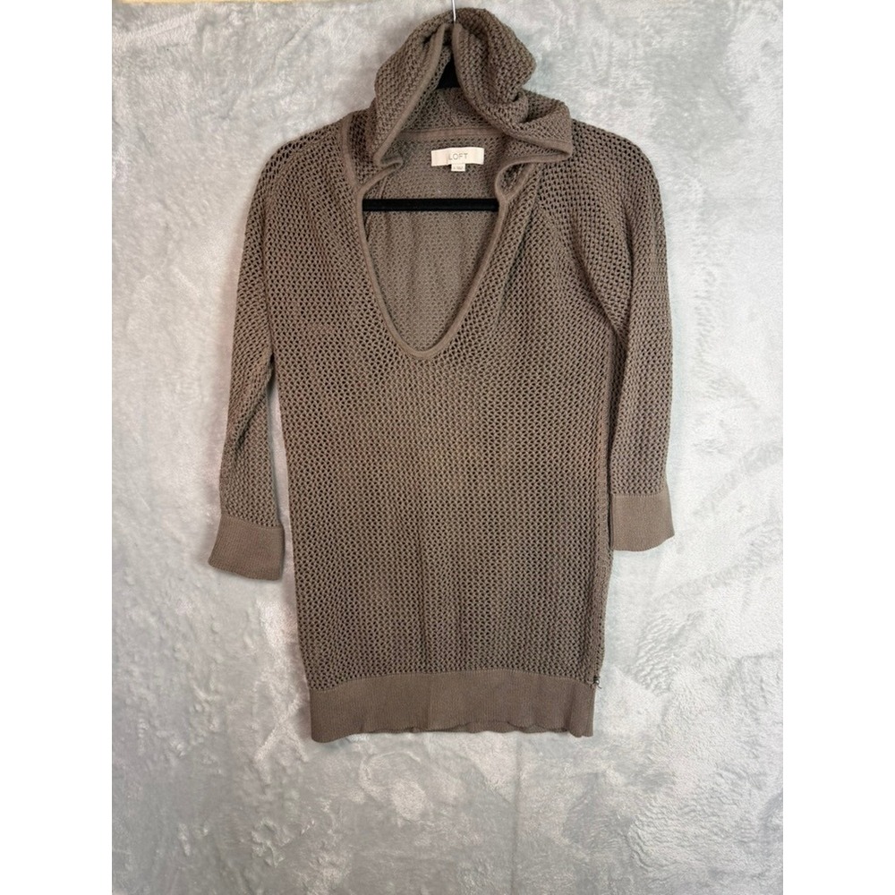 LOFT  Knit Sweater Women‎ S Taupe Hood  3/4 Sleeve Tunic Top V Neck crochet